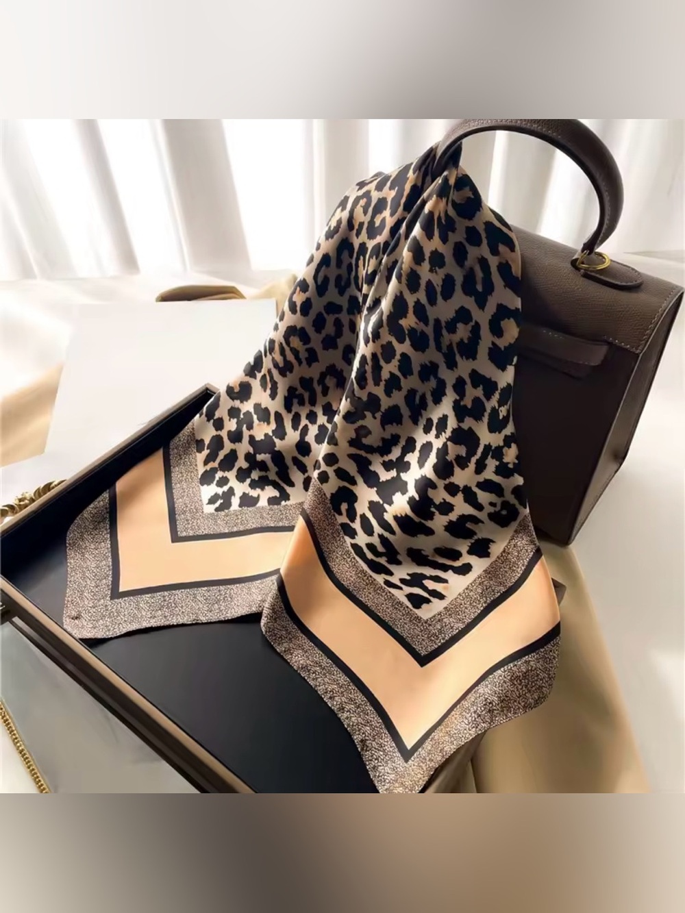 Luxury Leopardo Cheetah Animal Print Satin Scarf Black Brown Beige Caramel